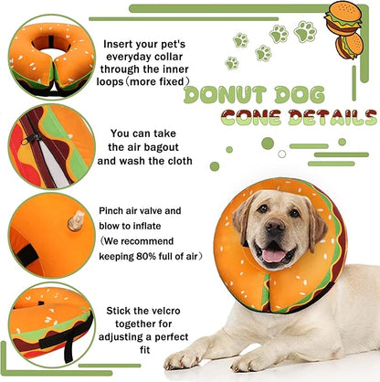 Inflatable Dog Cone Collar for Large Medium Small Dogs, Soft Adjustable Recovery Cone Collar for Dogs Cats,Dog Neck Donut Cone Alternative After Surgery(Hamburger,Large