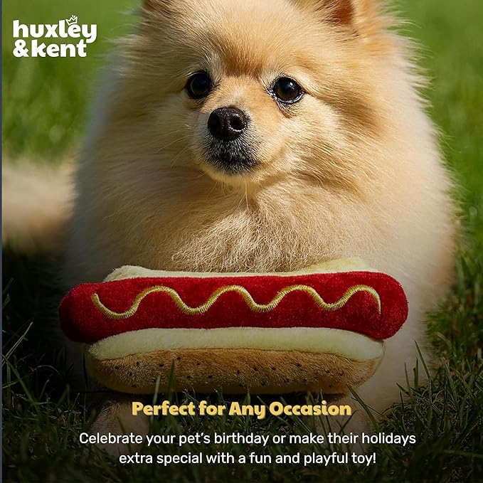 Huxley & Kent Funny Dog Toy w/Squeaker – Power Plush Squeaky Dog Toys for Small, Medium & Large Dogs – Soft Stuffed Animal for Indoor Play & Fetch - Haute Dog, Small