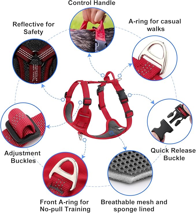 Plutus Pet No Pull Dog Harness, Reflective Adjustable Dog Vest Harness with Handle, Escape Proof, Soft Padded for Small Medium Large Dogs (Red, M)