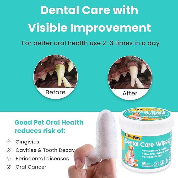 PUP PAW Vet Recommended Dog & Cat Dental Wipes - Freshens Breath - Easy Daily Oral Care - Dog Tooth Brushing Kit - Dental Finger Wipes for Pets - 50 Count