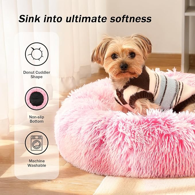NOYAL Calming Donut Dog Bed for Small to Medium Dogs & Cats - Plush Faux Fur Anti-Anxiety Pet Bed with Machine Washable Cover & Non-Slip Base