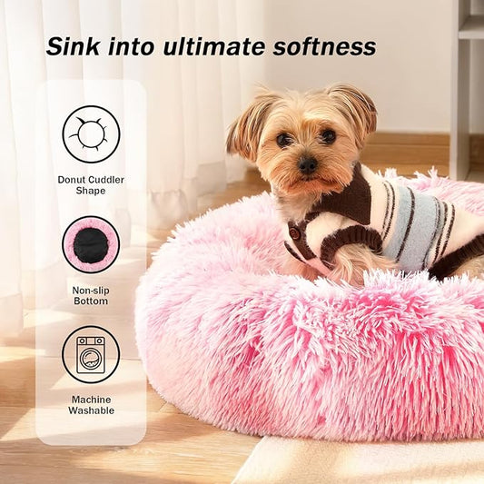 NOYAL Calming Donut Dog Bed for Small to Medium Dogs & Cats - Plush Faux Fur Anti-Anxiety Pet Bed with Machine Washable Cover & Non-Slip Base