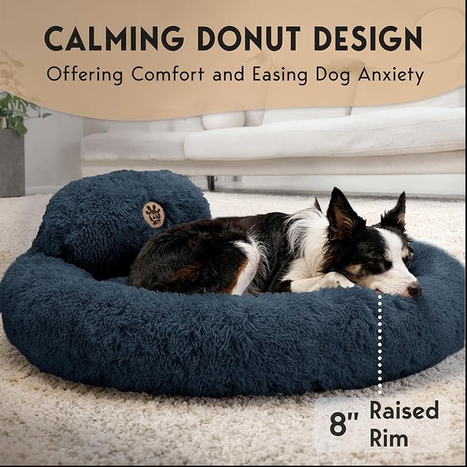 PetJett Calming Dog Beds Large Sized Dog - 36'' Round Bed, Anti-Slip & Washable Super Soft Donut Bed, Fluffy Faux Fur Anti-Anxiety Premium Comfort Pet Bed, Fits Dogs up to 80 lbs - Dark Grey