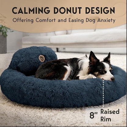 PetJett Calming Dog Beds Large Sized Dog - 36'' Round Bed, Anti-Slip & Washable Super Soft Donut Bed, Fluffy Faux Fur Anti-Anxiety Premium Comfort Pet Bed, Fits Dogs up to 80 lbs - Dark Grey