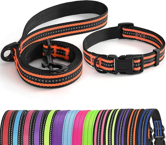 Mile High Life Reflective Dog Collar & Leash Set - Orange, Medium (Pack of 2)