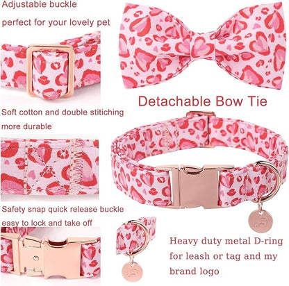 UP URARA PUP Valentine’s Day Dog Collar with Bow Tie, Pink Heart Bowtie Collar with Metal Buckle, Valentine’s Day Gift Pet Collar for Puppy Girl Boy Dog or Cat, Wedding Dog Collar,XL, Neck 16-26in