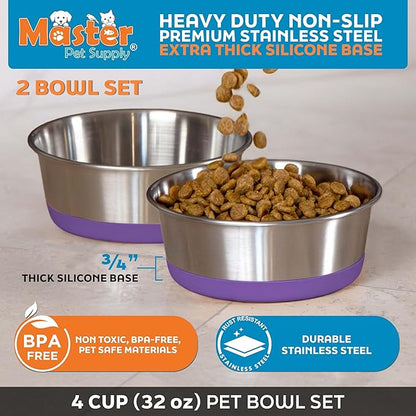 Master Pet Supply Stainless Steel Dog Bowls Set of 2 with Extra Thick Silicone Base - 4 Cup (32 oz) Plum Crazy, Non-Slip, Dishwasher Safe Metal Bowls, Pet Dog Food Bowl for Dogs, Cats, Anti Rust