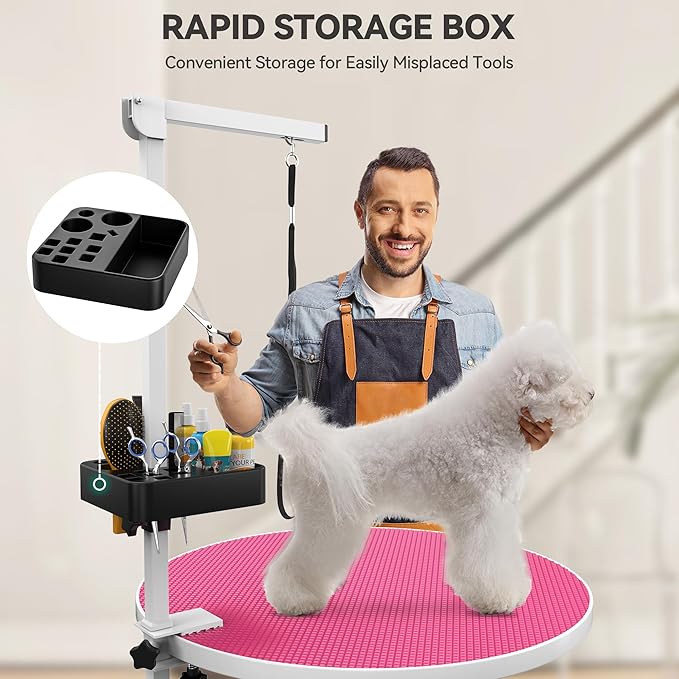 YITAHOME 24" Electric Lift Dog Grooming Table, Rotating Desktop Grooming Table for Dogs at Home, Adjustable Overhead Arm & Tools Organizer Pet Grooming Station for Small Dogs Cats, Pink