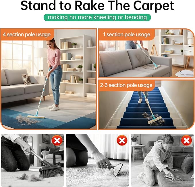 Carpet Rake for Pet Hair Removal Tool, 2 in 1 TPU and Copper Rake Teeth Uproot Clean Hair Remover with 63’’ Adjustable Long Handle, Reusable Cat & Dog Fur Broom for Carpets,Rugs, Mats
