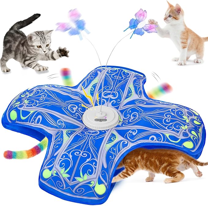 Qraxond Interactive Cat Toys for Indoor Cats,[Newly Upgraded] Rechargeable Touch Activated Hide and Seek Kitten Toys for Bored Indoor Adult Cats with Fluttering (Blue)