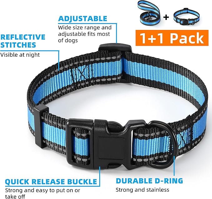 Mile High Life Reflective Dog Collar Leash Set - Adjustable for Small, Medium, Large Dogs (Reflective Edge Blue, Large, Pack of 2)