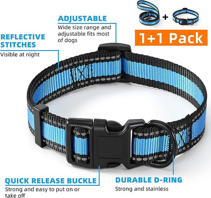 Mile High Life Reflective Dog Collar Leash Set - Adjustable for Small, Medium, Large Dogs (Reflective Edge Blue, Large, Pack of 2)