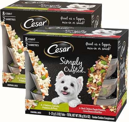 Cesar Simply Crafted Wet Dog Food Toppers for Dry Food, Chicken, Carrots, Potatoes & Peas and Beef, Chicken, Purple Potatoes, Green Beans & Red Rice Variety Pack, 1.3 oz. Tubs, 8 Count (Pack of 2)