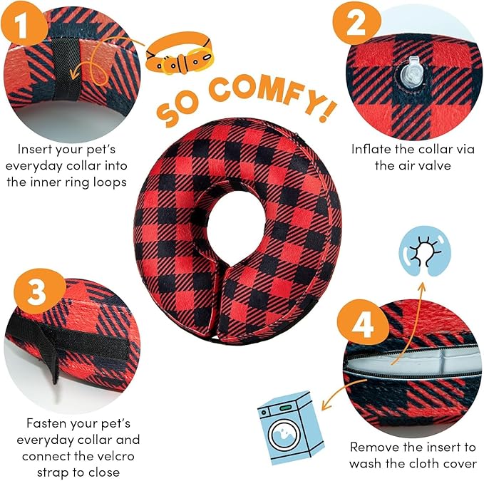 BENCMATE Inflatable Dog Cone Collar Alternative, Soft Dog Cone for Small Medium Large Dogs and Cats, Neck Recovery ECollar Donut Collar After Surgery (Large+, Plaid)
