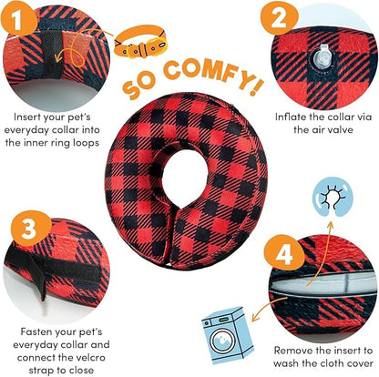 BENCMATE Inflatable Dog Cone Collar Alternative, Soft Dog Cone for Small Medium Large Dogs and Cats, Neck Recovery ECollar Donut Collar After Surgery (Medium+, Plaid)