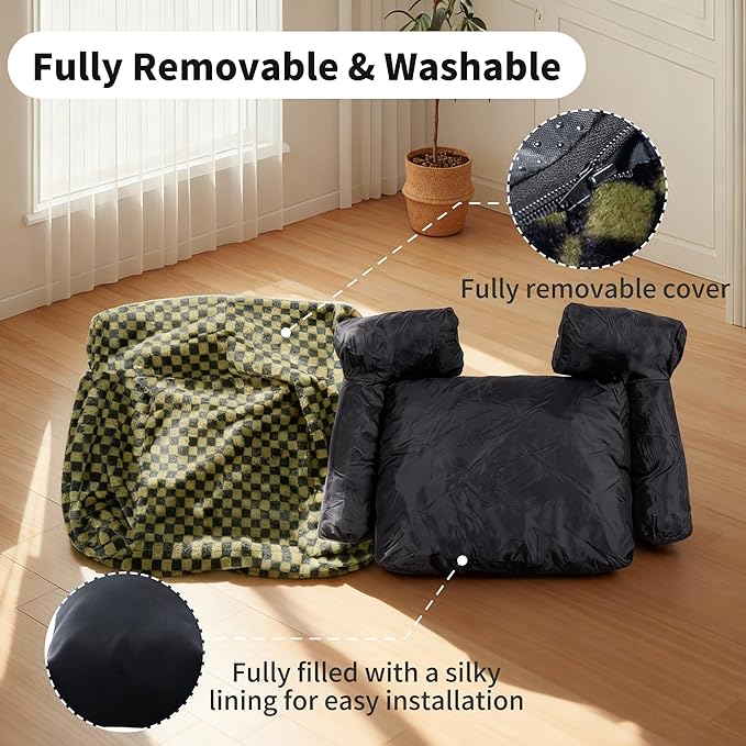 Faux Fur Cat & Dog Sofa Cat Couch Mini Cat Bed Indoor Human Style Pet Sofa, Modern Pet Furniture for Cats, Washable ＆ Removable Cover, for Cats and Small Medium Dogs (Black/Green, Medium(24X19 inch))