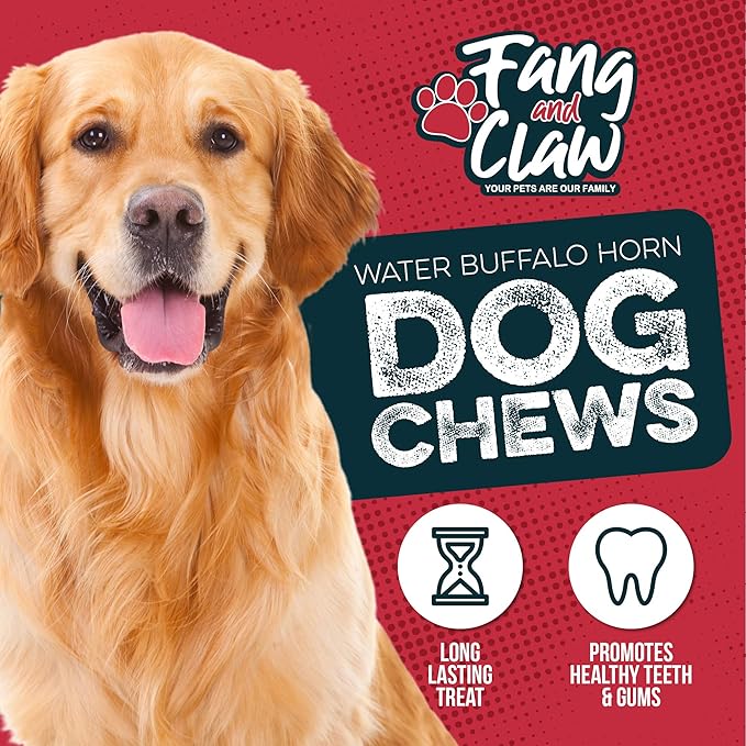 Water Buffalo Horn Dog Chew 4 Pack - Large 8" - All Natural Free Range Grass Fed Single Source Protein - No Chemicals, Additives, Hormones - Long Lasting, Good for Aggressive Chewers – by Fang & Claw