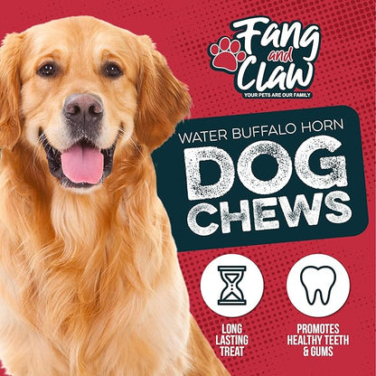 Water Buffalo Horn Dog Chew 4 Pack - Small 4" - All Natural Free Range Grass Fed Single Source Protein - No Chemicals, Additives, Hormones - Long Lasting, Good for Aggressive Chewers – by Fang & Claw