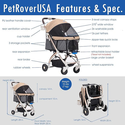 HPZ-PR America Pet Rover Lite Premium Light-Weight Dog/Cat/Pet Stroller Travel Carriage with Convertible Compartment/Aluminum Frame for Small & Medium Pets (Taupe 2nd-Gen.)