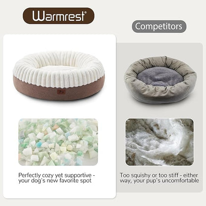 Warmrest Donut Dog Bed Medium Size Dog 30 Inch, Round Cat Beds for Small Medium Dogs and Cats with Washable Fluffy Faux Fur, Cute Comfort Pet Bed with Anti-Slip Bottom, Cream