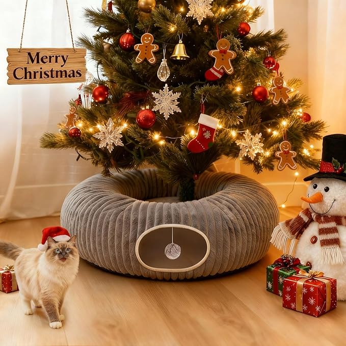 MOYMO Cat Tunnel Bed for Indoor Cats, Peekaboo Cat Cave Bed,Soft Cat Donut Tunnel for Kitten Large Cats, Cat Tunnel Christmas Tree Skirt, Grey