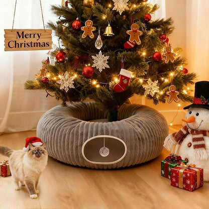 MOYMO Cat Tunnel Bed for Indoor Cats, Peekaboo Cat Cave Bed,Soft Cat Donut Tunnel for Kitten Large Cats, Cat Tunnel Christmas Tree Skirt, Grey