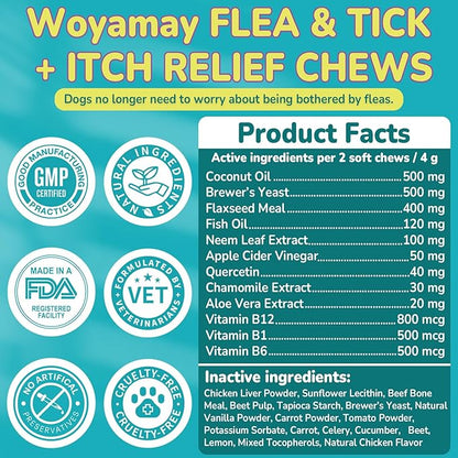 Woyamay Flea & Tick + Itch Relief for Dogs Chewables, Flea and Tick Prevention for Dogs, Dog Allergy Chews, Dog Itching Skin Relief & Skin Repair, Flea Treatment Dogs, 200 Soft Chews, Chicken Flavor