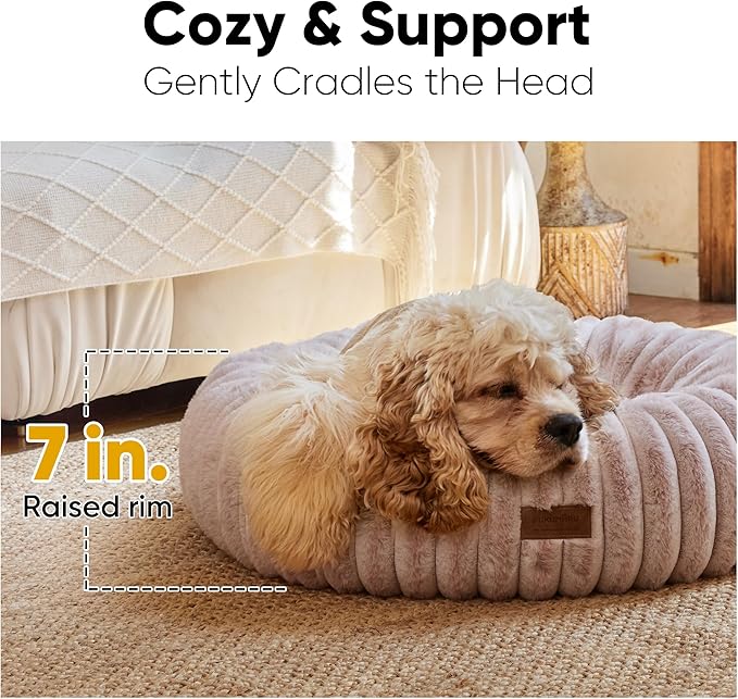 FUKUMARU Dog Bed, Calming Donut Dog Beds for Anxious Puppies, Modern Aesthetic Cat Bed with Gradient Print, Cute Round Pet Beds with Washable Cover, Orthopedic Puppy Bed, Camel, Small, 25 inches