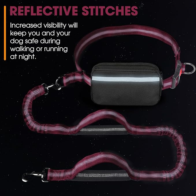 Hands Free Dog Leash with Waist Belt – No-Pull Bungee, Dual Padded Handles & Zipper Pouch for Running, Walking & Training – Adjustable Waist Leash for Large & Medium Dogs (Red)