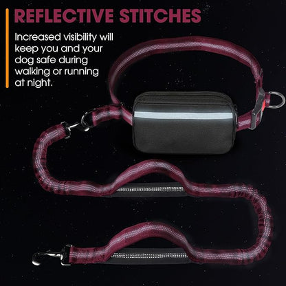 Hands Free Dog Leash with Waist Belt – No-Pull Bungee, Dual Padded Handles & Zipper Pouch for Running, Walking & Training – Adjustable Waist Leash for Large & Medium Dogs (Red)