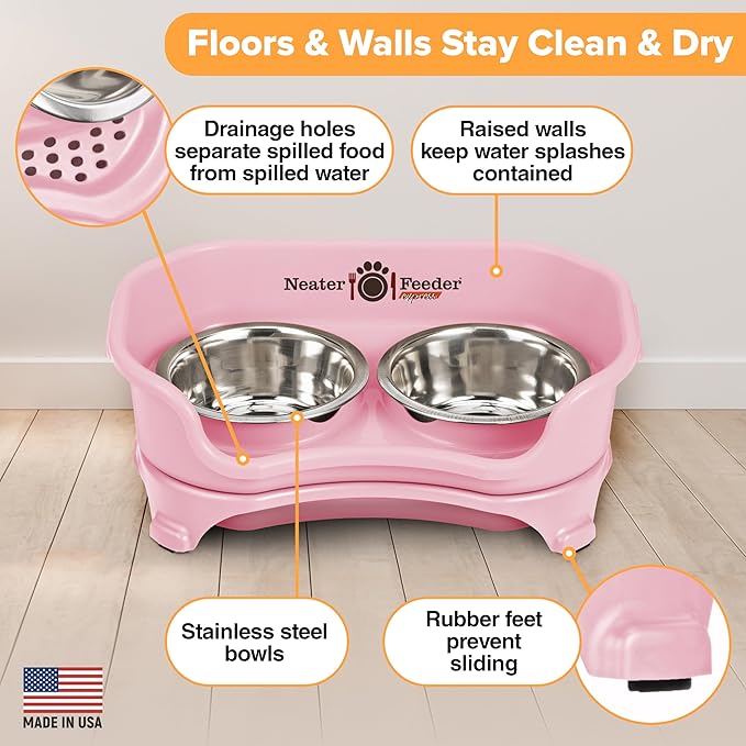 Neater Feeder Express Mess Proof Dog Bowls Elevated for Small Breeds Under 15 Lb, Made in USA, No Spill Raised Dog Food Bowl Stand, Stainless Steel Food and Water Bowl Set, Feeding Station, Pink