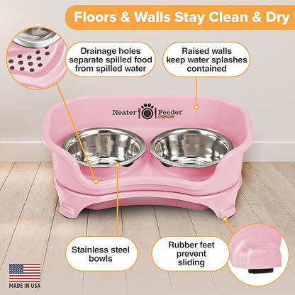Neater Feeder Express Mess Proof Dog Bowls Elevated for Small Breeds Under 15 Lb, Made in USA, No Spill Raised Dog Food Bowl Stand, Stainless Steel Food and Water Bowl Set, Feeding Station, Pink