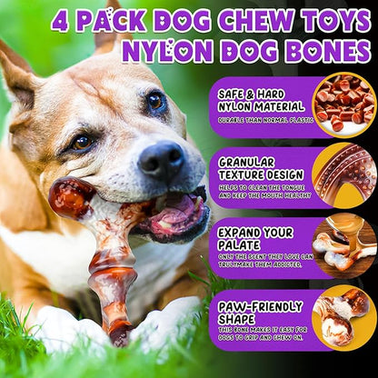 4 Pack Dog Chew Toys for Aggressive Chewers - Tough Indestructible Dog Toys with Bacon Flavor- Durable Nylon Bones Toy for Small Medium Large Breed - Puppy Gifts