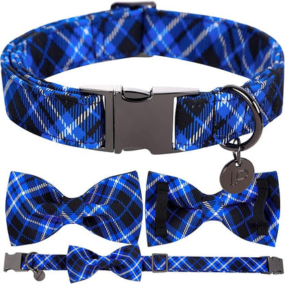 Dog Collar With Bow Tie, Cotton Bowtie for Medium Girl Boy, Holiday Blue With Durable Metal Buckle, Cute Plaid Pet Collar, M