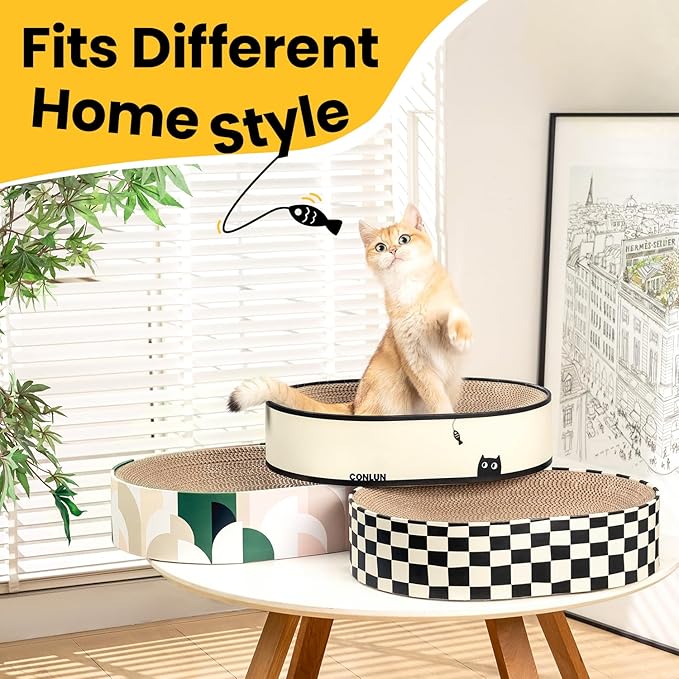 Conlun Large Oval Cat Scratcher Bowl, Cardboard Cat Scratching Pad & Lounge Bed, High-Density Reversible Cat Nest for Large Indoor Cats, Furniture Protector with Ergonomic Curve, Gift Catnip Included
