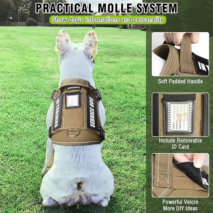 MOOGROU Tactical Dog Harness and Leash Set Medium Sized Dog,Heavy Duty No Pull Service Dog Vest and 10 Patches with Dog Seat Belt,Reflective Adjustable Pet Harness for Training Walking Hiking Brown M