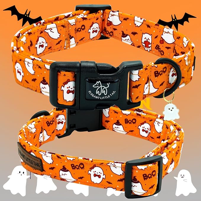 Elegant little tail Halloween Dog Collar, Pet Dog Collar Cotton Soft Ghosts Collars Holiday with Quick Release Buckle Pet Puppy Collar for Small Dogs