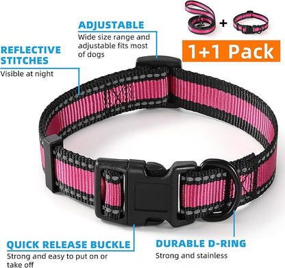 Mile High Life | Reflective Dog Collar Leash Set | Adjustable Collar Leash Set (Pink, Large (Pack of 2))