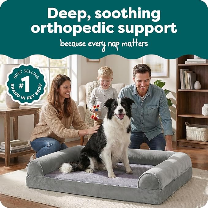 Furhaven Orthopedic Dog Bed for Large/Medium Dogs w/ Removable Bolsters & Washable Cover, For Dogs Up to 55 lbs - Faux Fur & Velvet Sofa - Smoke Gray, Large