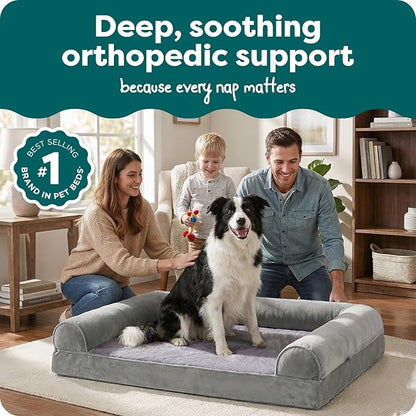 Furhaven Orthopedic Dog Bed for Large/Medium Dogs w/ Removable Bolsters & Washable Cover, For Dogs Up to 55 lbs - Faux Fur & Velvet Sofa - Smoke Gray, Large
