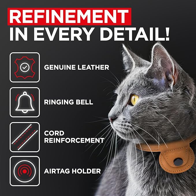 WAUDOG Leather Cat Collar with Airtag Holder, Removable Bell for Small, Medium and Large Breeds Adjustable Long Lasting Classic Kitten Collars Boy & Girl