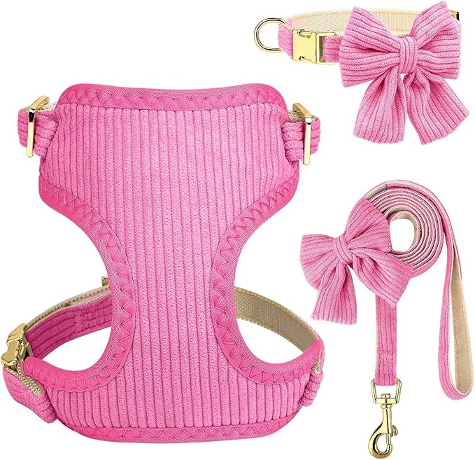 Didog Cute Small Dog Harness Collar and Leash Set with Bowtie, Breathable Soft Mesh Padded Puppy Harness, Dog Harness for Small Dogs Daily Walks Parties, Holiday Gatherings & Gifts, Hot Pink, S