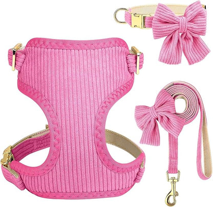 Didog Cute Small Dog Harness Collar and Leash Set with Bowtie, Breathable Soft Mesh Padded Puppy Harness, Dog Harness for Small Dogs Daily Walks Parties, Holiday Gatherings & Gifts, Hot Pink, S