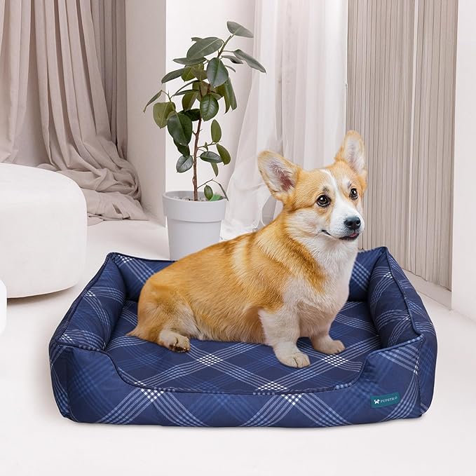 Pupstilo Orthopedic Bolster Dog Bed – CertiPUR-US Foam, Recycled Polyester Canvas, Washable Cover, Anti-Slip Bottom, Medium, Navy Plaid – Stylish Designer Dog Sofa