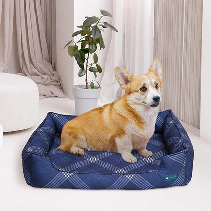 Pupstilo Orthopedic Bolster Dog Bed – CertiPUR-US Foam, Recycled Polyester Canvas, Washable Cover, Anti-Slip Bottom, Small, Navy Plaid – Stylish Designer Dog Sofa