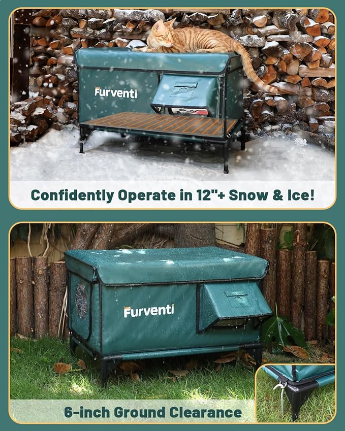 Heated Cat House for Outdoor Cats, Waterproof Insulated Outdoor Cat House with Heating Pad, Weatherproof Elevated Heated Cats House for Outside Feral Cats(Deep Green, 25" L x 16" W x 18" H)