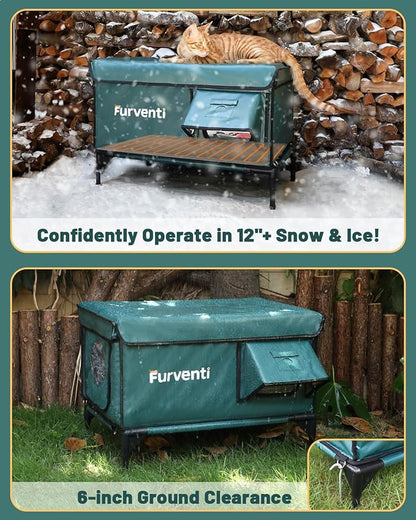 Heated Cat House for Outdoor Cats, Waterproof Insulated Outdoor Cat House with Heating Pad, Weatherproof Elevated Heated Cats House for Outside Feral Cats(Deep Green, 25" L x 16" W x 18" H)