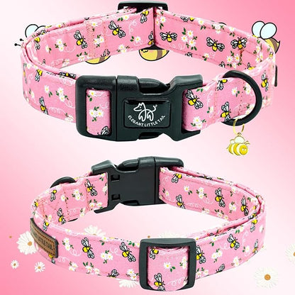 Elegant little tail Dog Collar, Cute Bees Pattern Pet Collar Pink Durable Holiday Female or Male Adjustable Cotton Pet Collar with Quick Release Buckle for Large Dogs