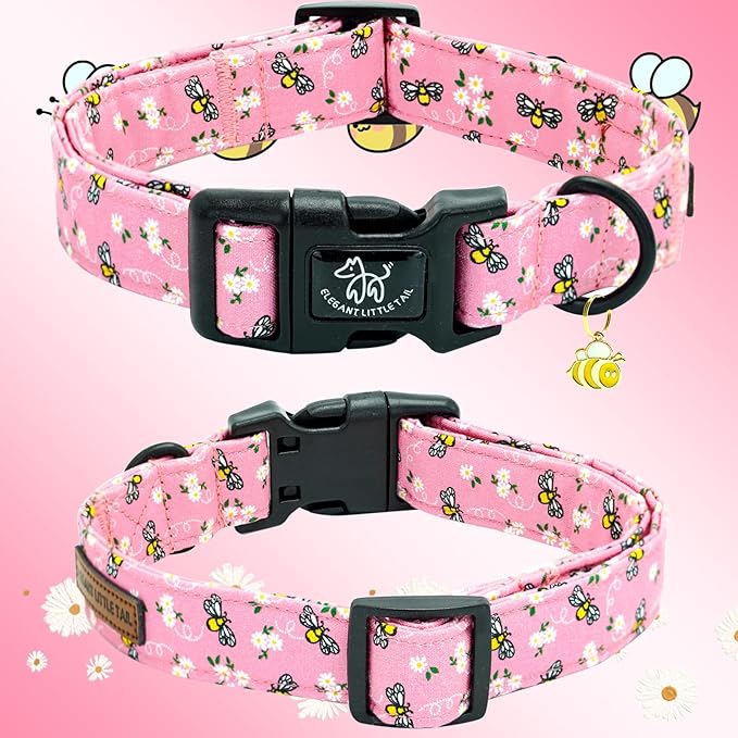 Elegant little tail Dog Collar,Cute Bees Pattern Pet Collar Pink Durable Holiday Female or Male Adjustable Cotton Pet Collar with Quick Release Buckle for Small Dogs