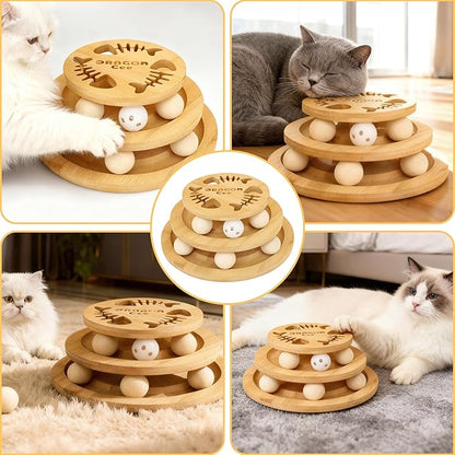 DRAGONCEE Cat Ball Track Toy, Interactive Toys for Indoor Cats, Wooden Tower of Tracks Cat Toy– 3-Level Track Tower with 6 Balls